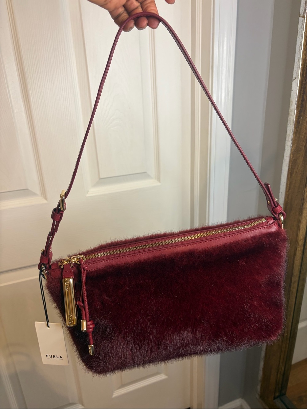 Furla Deep Burgundy Faux-Fur Shoulder Bag with Gold Hardware